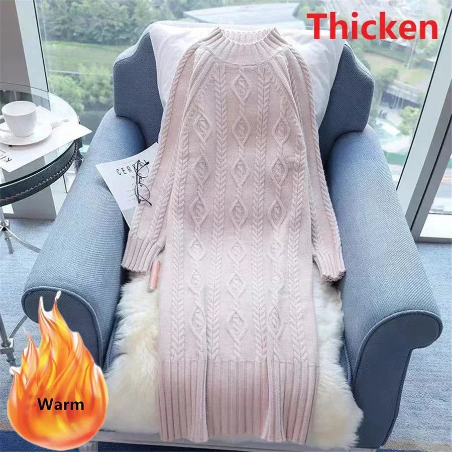 Women Winter Thicken Plus Velvet Sweater Dress Mock Neck Rib Knit Midi With Coats