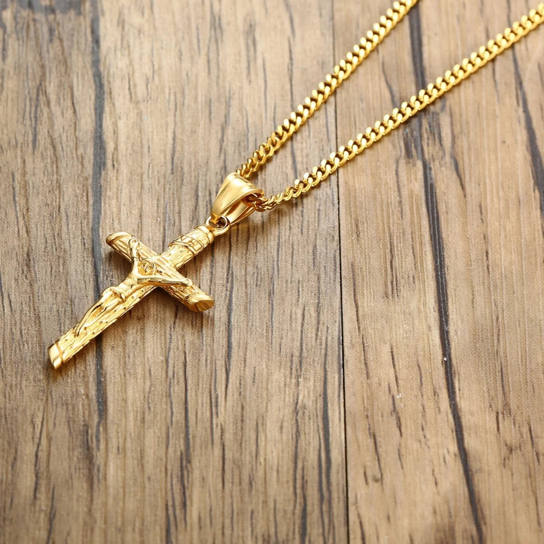 Stainless steel Catholic Jesus pendant cross necklace in gold color, men's and women's faith jewelry with collar chain.