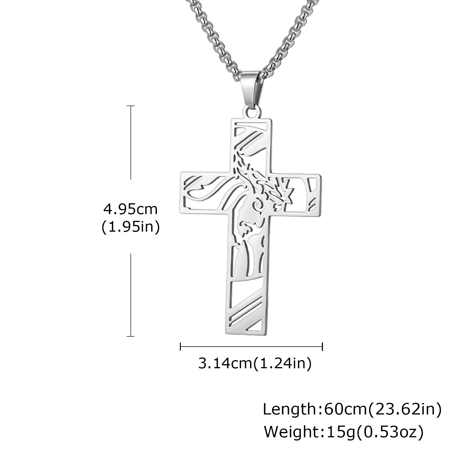 Stainless steel Catholic cross necklace with Jesus pendant in gold color, men's and women's faith jewelry for prayer and gift.