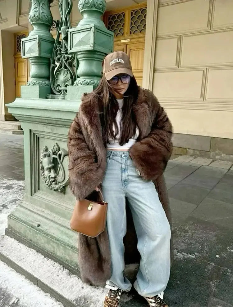 ZADORIN 120cm Super Long Luxury Winter Brown Faux Fur Coat Woman Elegant Belted Lapel Thick Fluffy Fur Jacket High Quality Coats ZITA LA BELLE ÉLITE