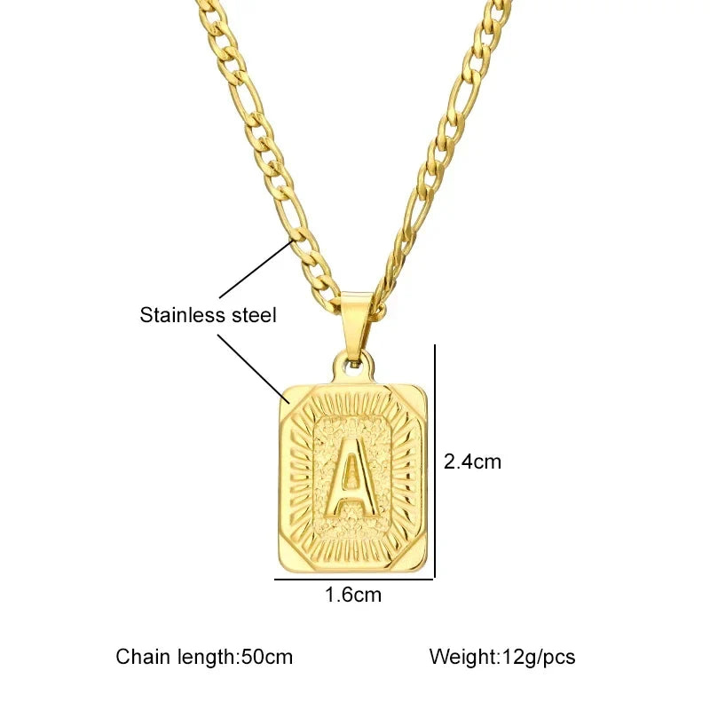 Simple stainless steel initial pendant necklace with a square charm, ideal for women and men, stylish jewelry for couples.