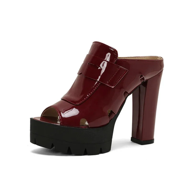 Women’s platform sandals with high chunky heels, patent leather slides, summer style, by LadyShow.Store, stylish and comfortable footwear
