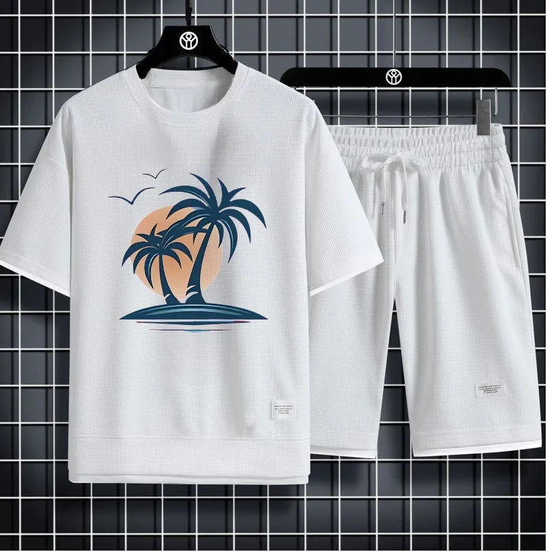 Men's waffle summer casual tracksuit set by THRIXINE, featuring a comfortable activewear look in lightweight fabric.