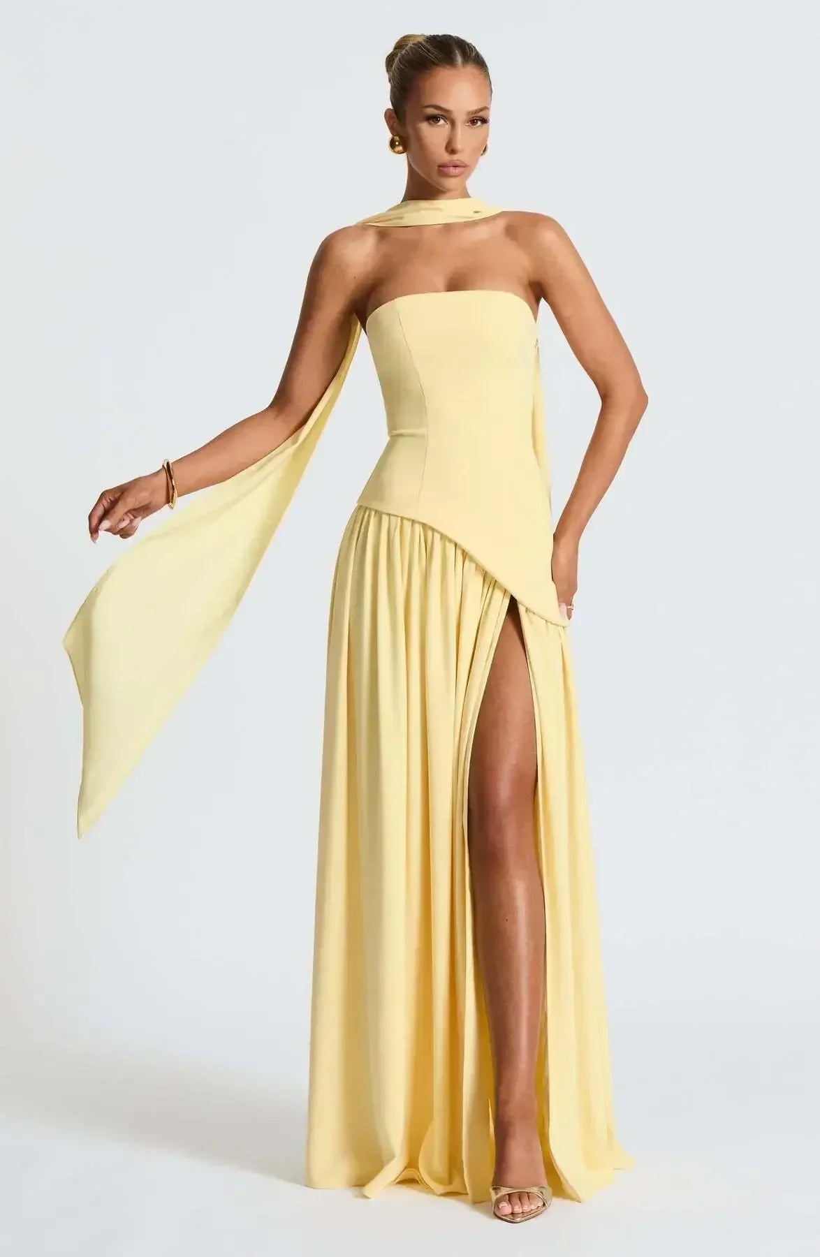 Elegant solid spliced ribbon maxi dress for women by FLIPSTYLEZLLC, strapless, sleeveless, slit design, perfect for summer holidays and parties.
