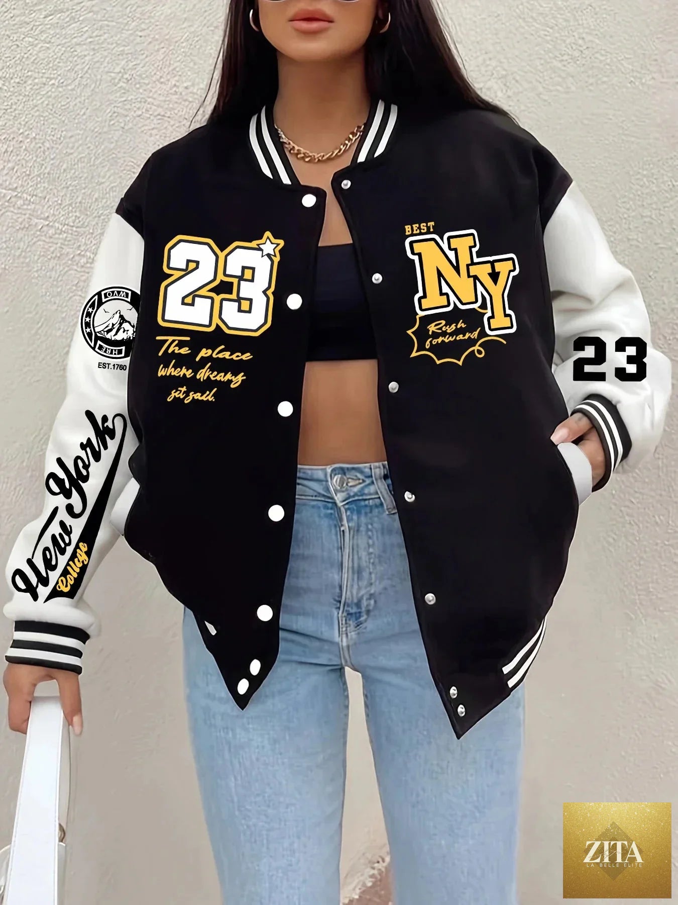 Women's baseball jacket by FitiqueFit featuring a New York “23” letter print, casual style, and sporty design.
