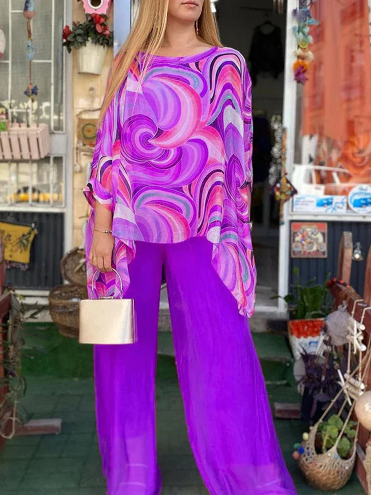 Women’s chiffon two-piece set with O-neck long sleeve top and wide-leg pants, stylish and trendy fashion by Trendy Attic Store01