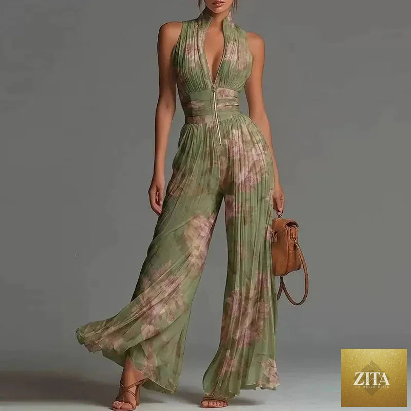 Elegant women's Spring jumpsuit by Selvanelle featuring a stand collar, zipper, pleated design, high waist, wide-leg long pants.