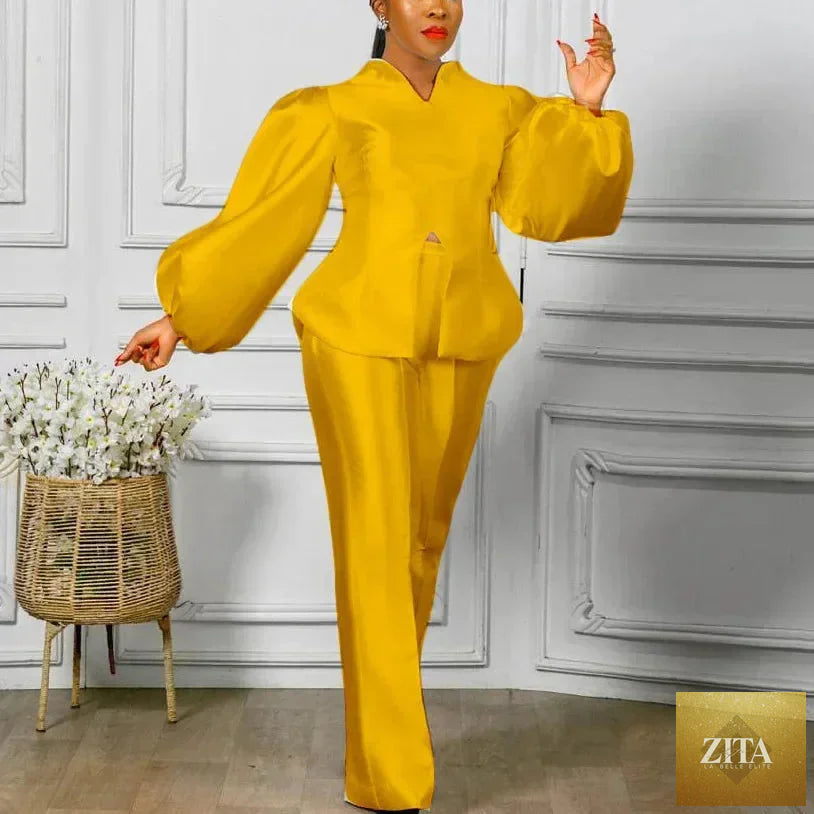 Elegant office ladies 2-piece pants set with satin blouse and straight trousers, featuring a luxurious high-quality finish.