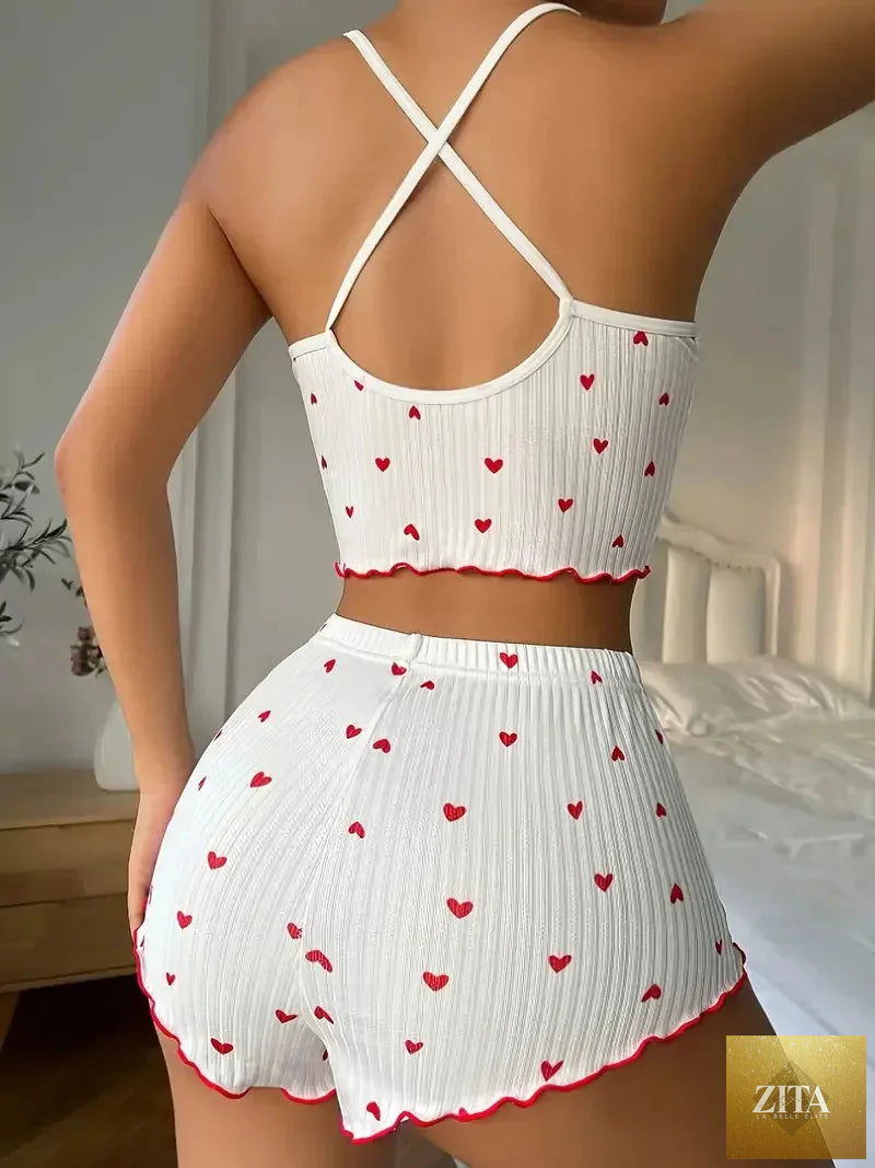 Sleepwear Women Pajamas Set Heart Print Soft Ribbed Fabric with Flirty Frill Trim Casual Cami Top and Shorts Sets Loungewear