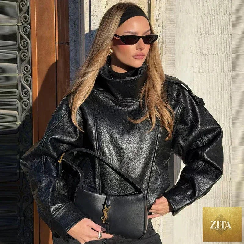 HXAO Faux Leather Black Jackets For Woman New Arrival Cropped Oversize Bomber Jacket Zip-Up Long Sleeve Coats Motorcycle Jackets