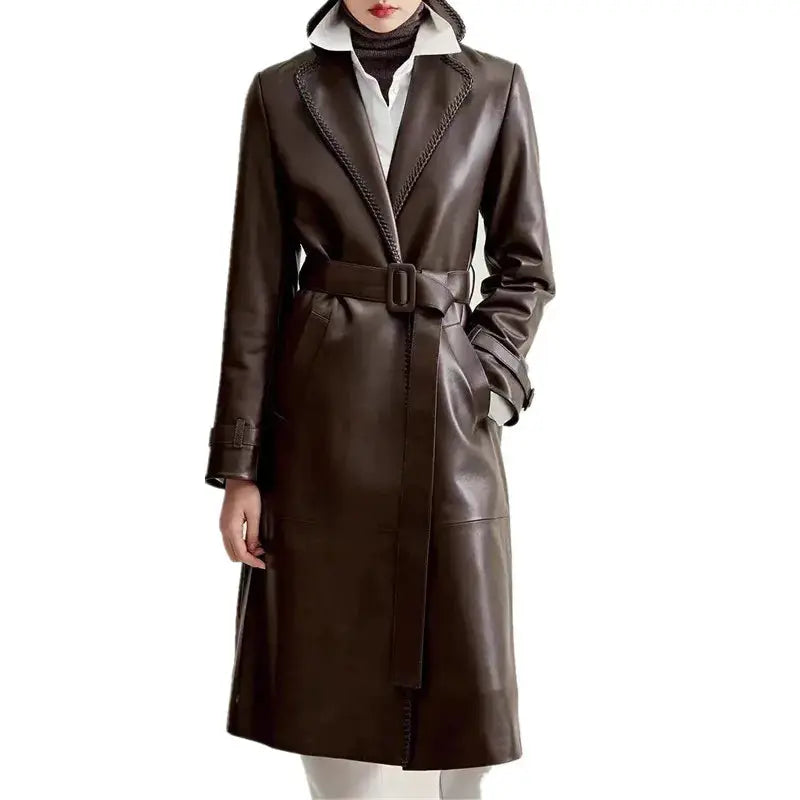 Women's Genuine Leather Trench Coat Lace-Up Long Slim Fit Spring Autumn Sheepskin Top ZITA LA BELLE ÉLITE