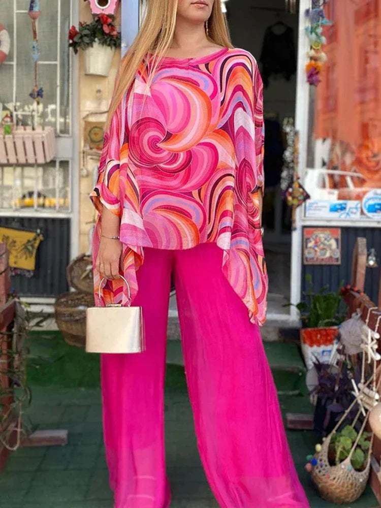 Women’s chiffon two-piece set with O-neck long sleeve top and wide-leg pants, stylish fashion from Trendy Attic Store01.