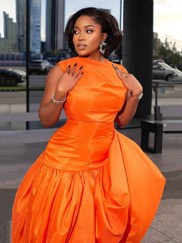 Women's elegant orange cinch waist cocktail maxi dress with sleeveless design, high waist, crew neck, perfect for dinner and party occasions.