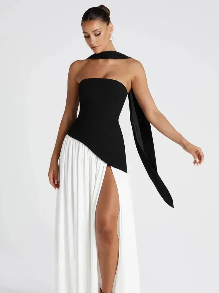 Elegant FLIPSTYLEZLLC solid spliced ribbon maxi dress for women, strapless, sleeveless, with a slit for summer holiday parties.