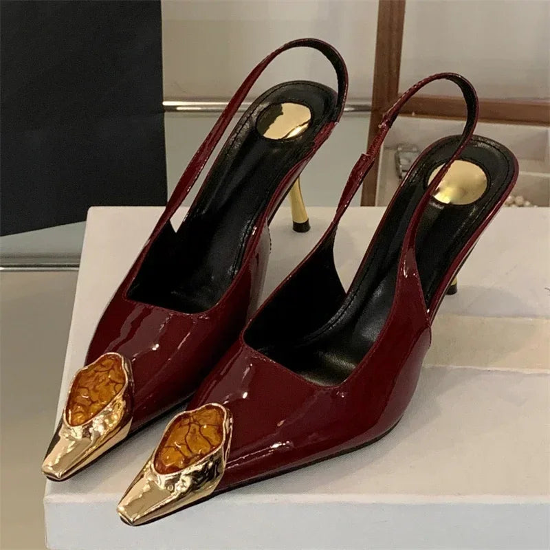 Elegant LadyShow.Store metal square head diamond pumps for women, low-heel banquet sandals with slingback design.