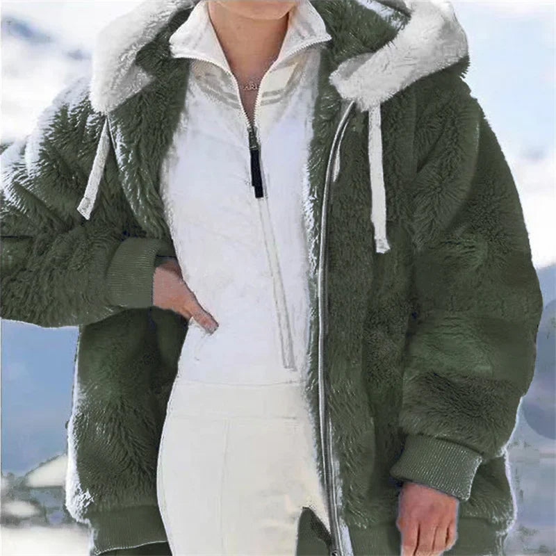 LadyShow women’s winter faux fur jacket with plush fleece, casual hood, zipper, and soft cashmere-style fabric for warmth.