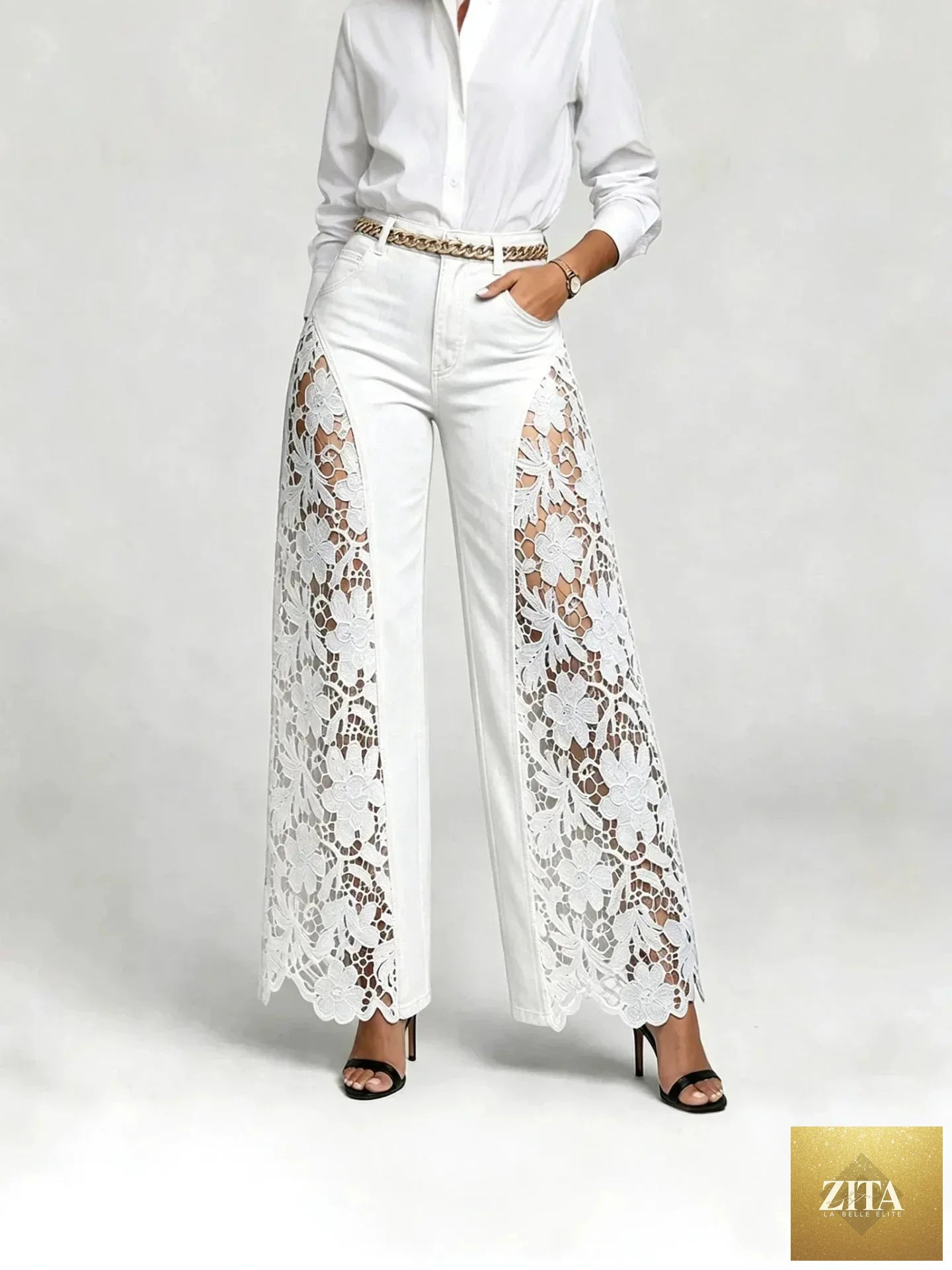 Women high waist lace spliced wide-leg denim jeans by FLIPSTYLEZLLC, featuring flowy, loose fit with lace details and casual style.