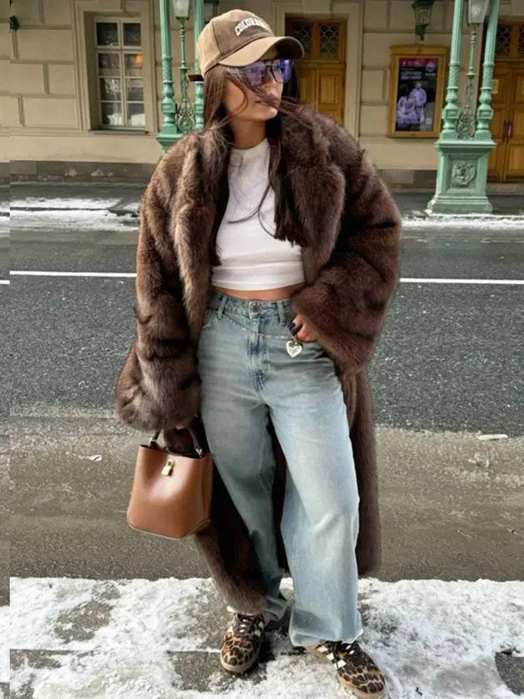 ZADORIN 120cm Super Long Luxury Winter Brown Faux Fur Coat Woman Elegant Belted Lapel Thick Fluffy Fur Jacket High Quality Coats ZITA LA BELLE ÉLITE