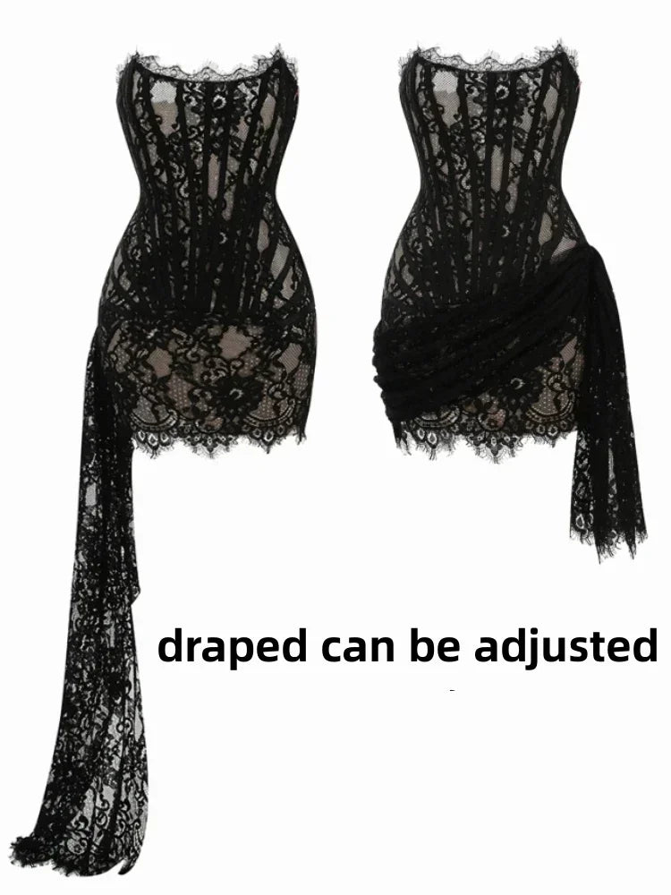 Black women's strapless lace corset mini dress by FLIPSTYLEZLLC, sleeveless bodycon gown with lace-up and draped details for elegant parties.