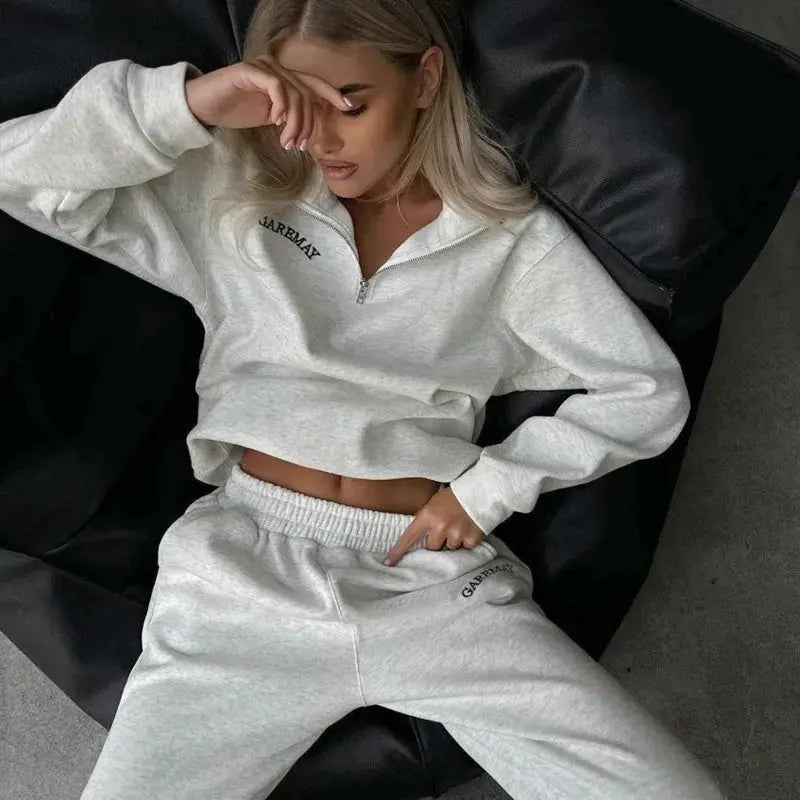Letter Embroidered Casual Pant Sets Zipper Stand Collar Long Sleeve Hoodie Sporty Jogger Pant Fashion Tracksuit Women Outfits ZITA LA BELLE ÉLITE