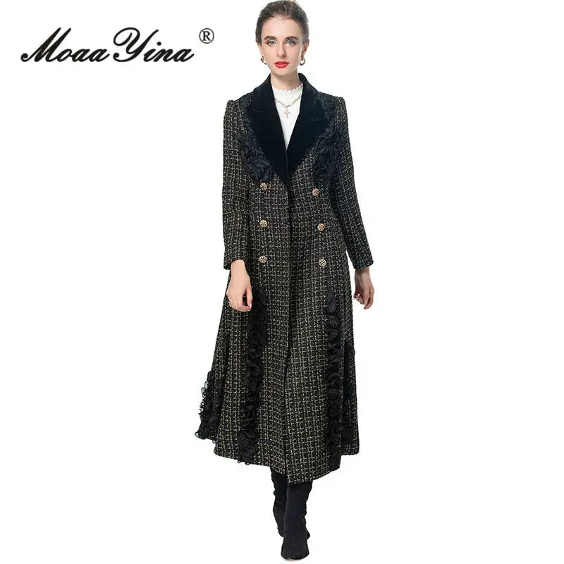 MoaaYina Winter Gray Black Coat With Grid Pattern And Double Breasted Lace Up Coat With Fungus Edge S-4XL ZITA LA BELLE ÉLITE