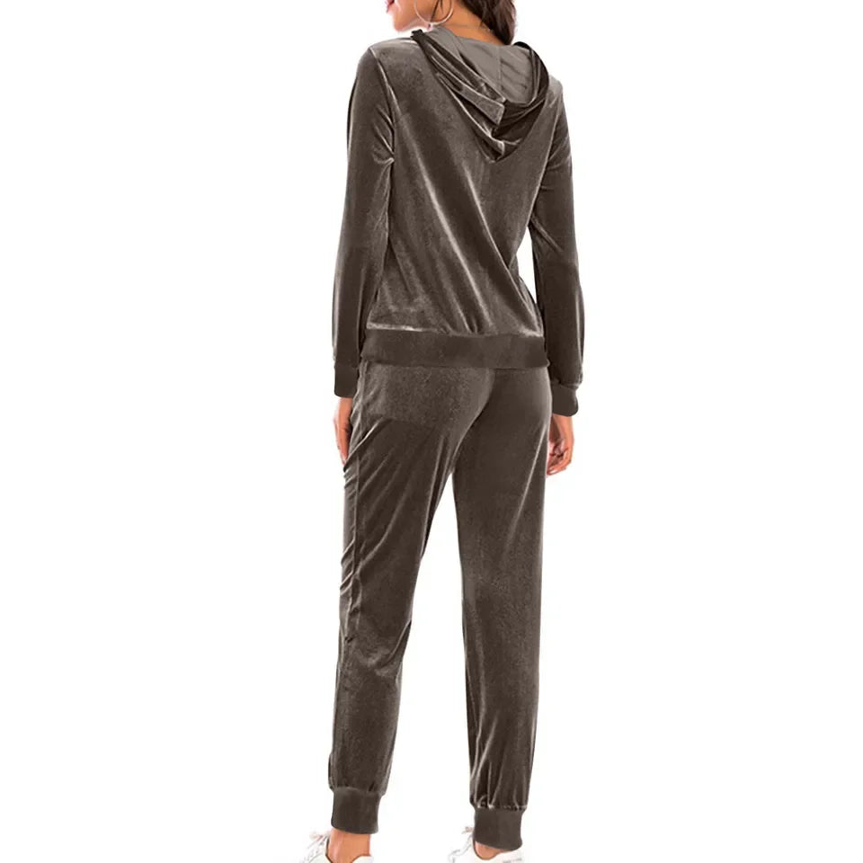 Women Autumn Velvet Tracksuit 2 Piece Sweatshirt Sweatpants Set Full Zip Hoodie