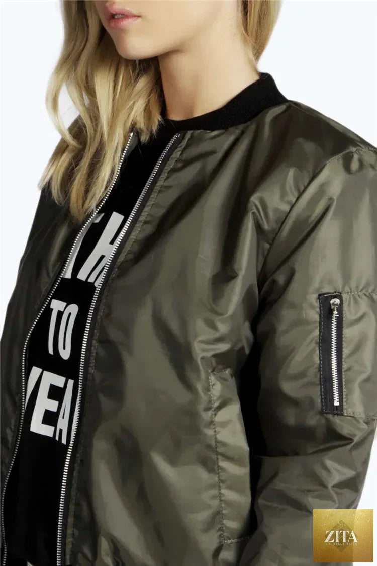 Autumn New Short Jackets for Women Vintage High Street O-neck Bomber Jacket Female Fashion Zipper Long Sleeve Coat Woman