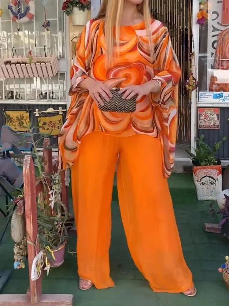 Women’s chiffon two-piece set with O-neck long sleeve top and wide-leg pants, stylish and comfortable for casual wear