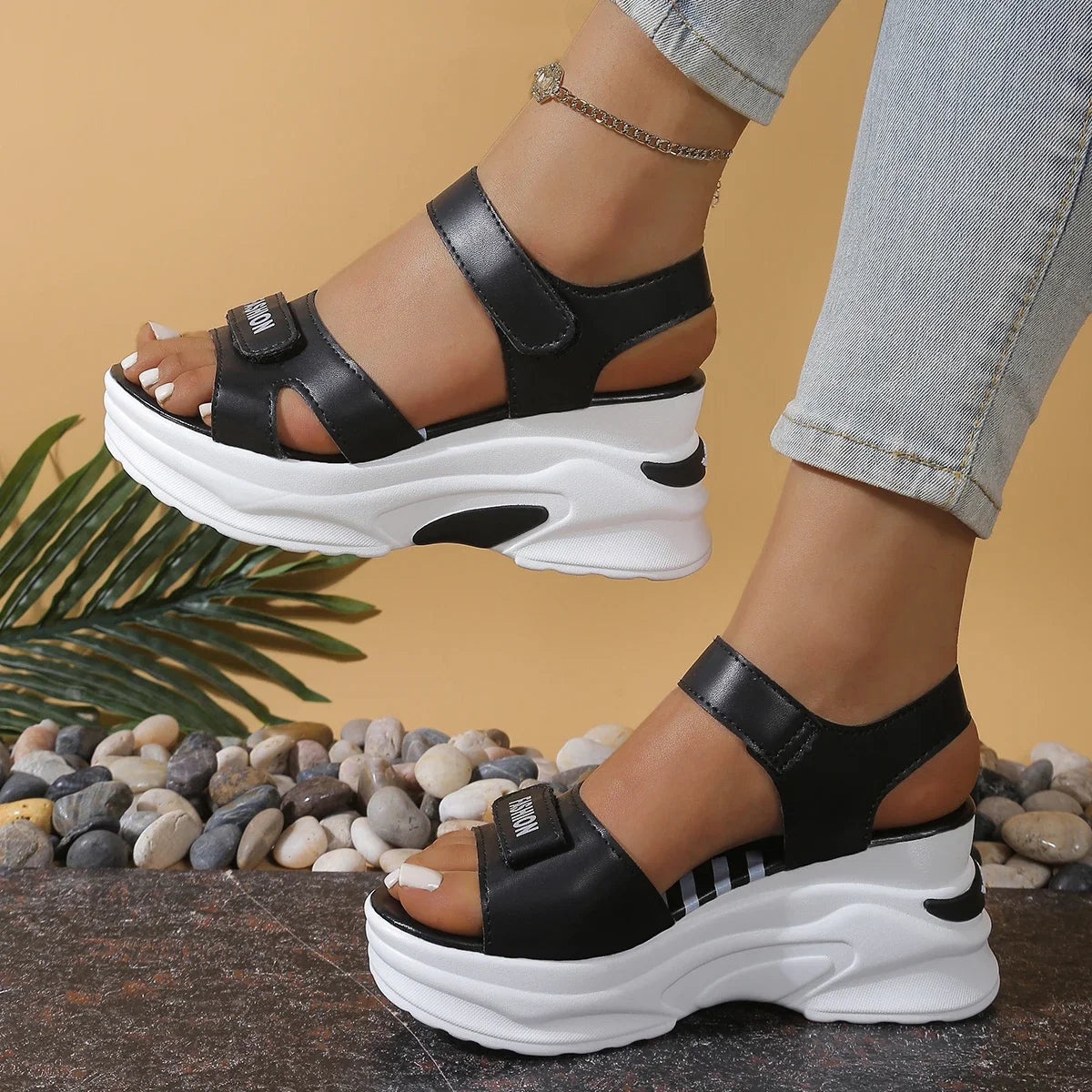 Light beige LadyShow.Store women’s platform wedge sandals with Velcro straps, summer casual shoes, beach-ready and comfortable.