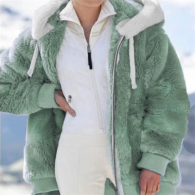 Women’s LadyShow.Store winter faux fur jacket with hood, plush fleece, and zipper, offering warm, casual, and thick cashmere-style coat.
