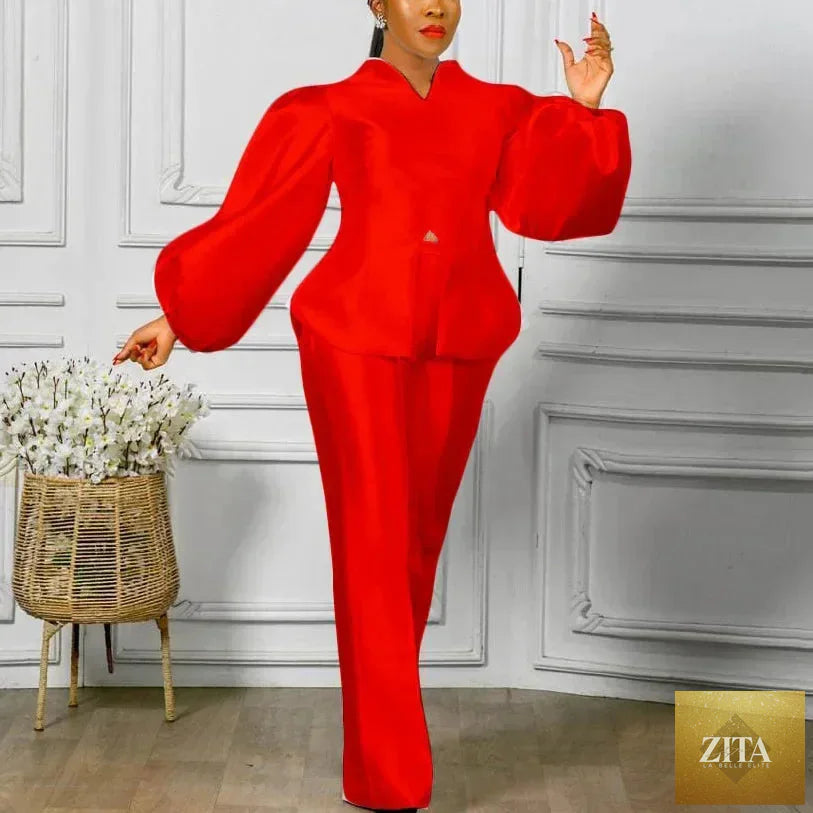 Elegant office ladies 2-piece pants set with solid satin blouse and straight long trousers, high-quality luxury female outfit.