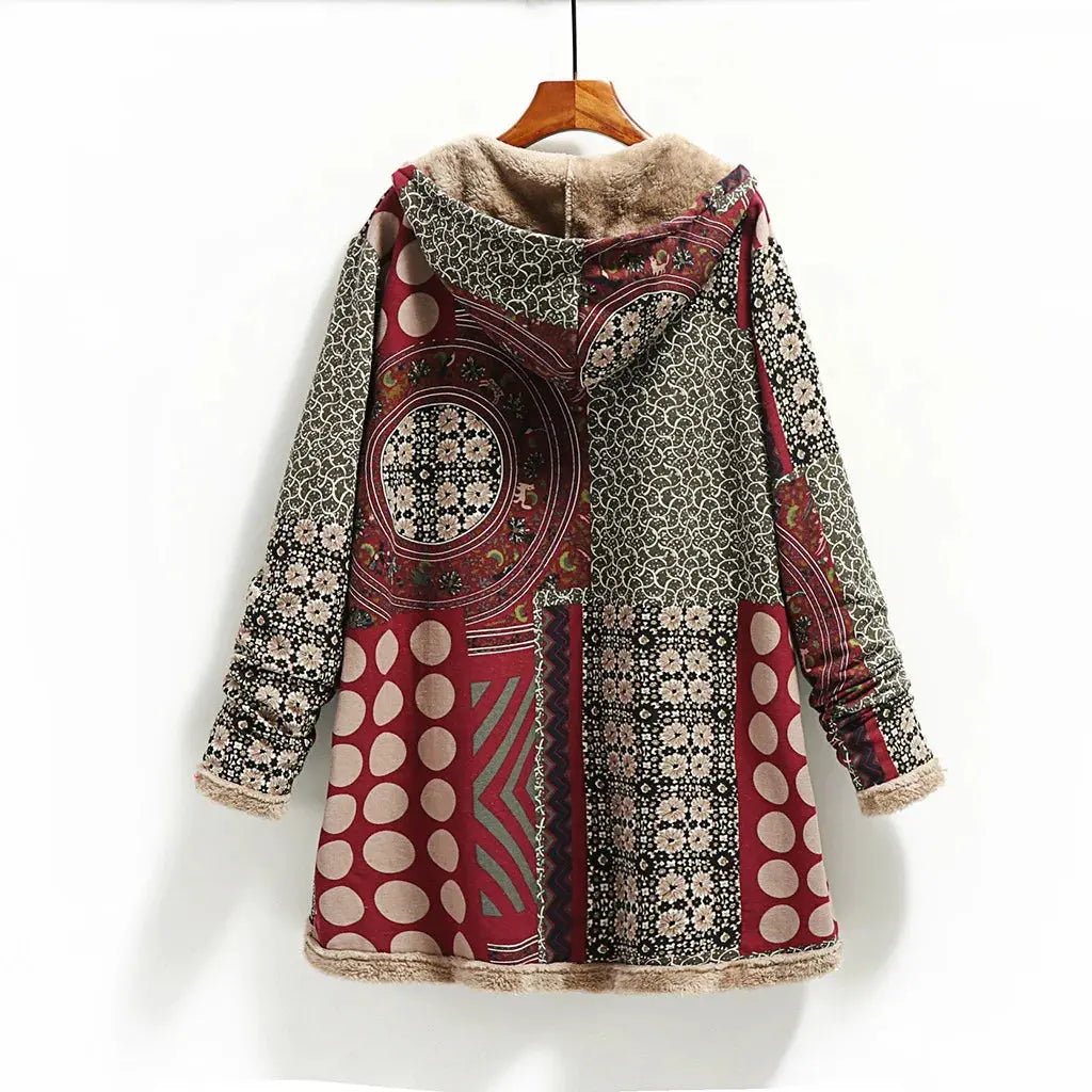Women's Long Plush Jacket with Cotton and Linen Print Hooded Sweatshirt for Warmth, Winter New Style ZITA LA BELLE ÉLITE