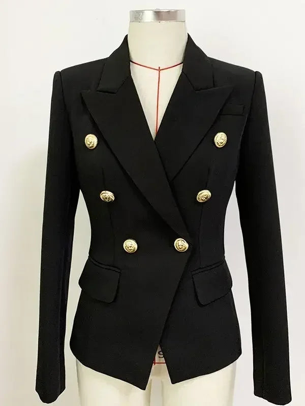 Women's leather blazer by Femstylo featuring double-breasted design, metal lion buttons, stylish outerwear in size S to 5XL.