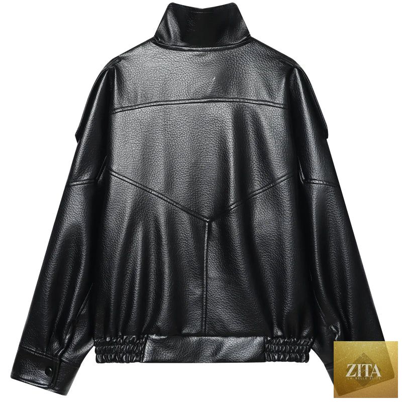 HXAO Faux Leather Black Jackets For Woman New Arrival Cropped Oversize Bomber Jacket Zip-Up Long Sleeve Coats Motorcycle Jackets