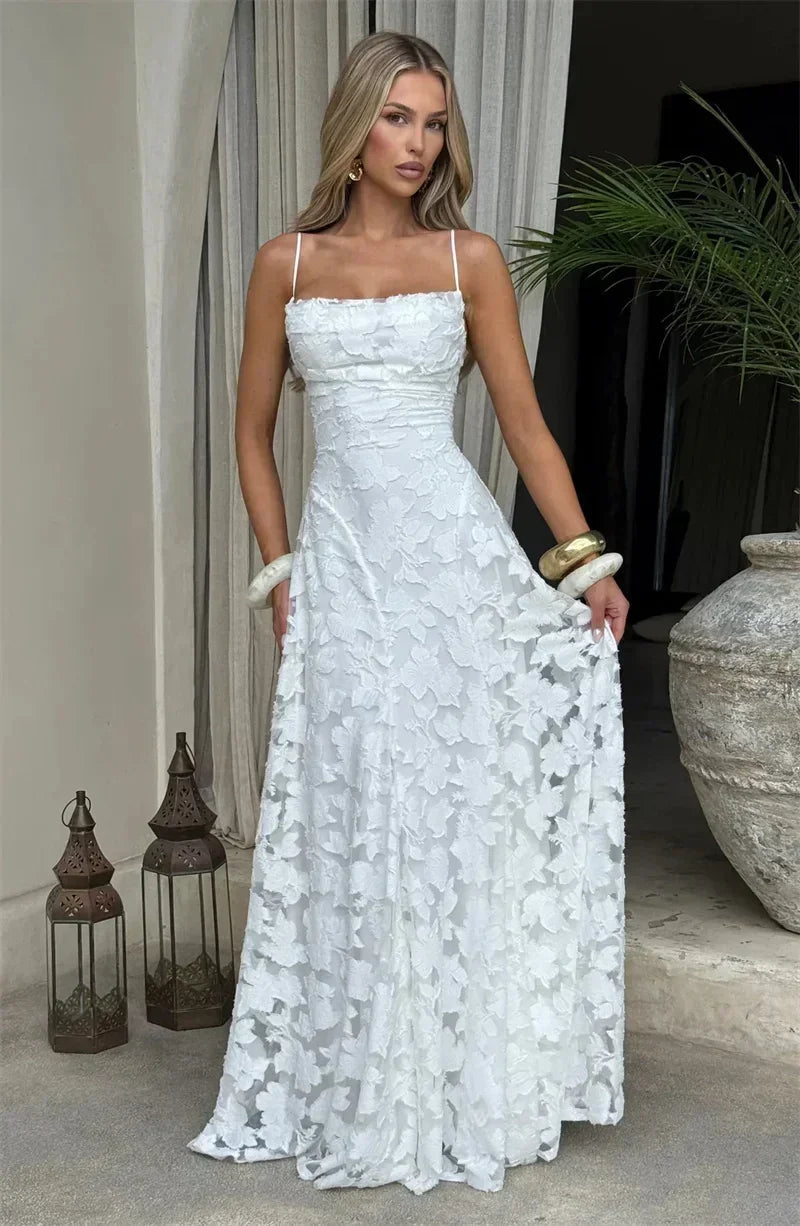 Femstylo women's backless spaghetti strap maxi dress with off-shoulder neckline, lace-up detail, perfect for evening or party wear.