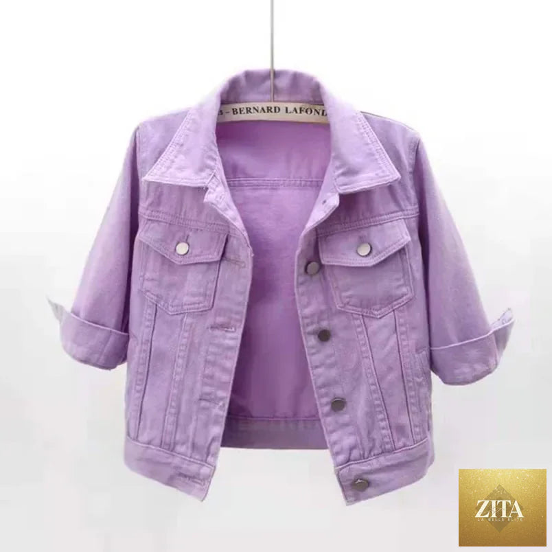 Pink women’s denim jacket by LadyShow.Store, short spring autumn coat with casual loose fit, colorful jean outerwear for women.