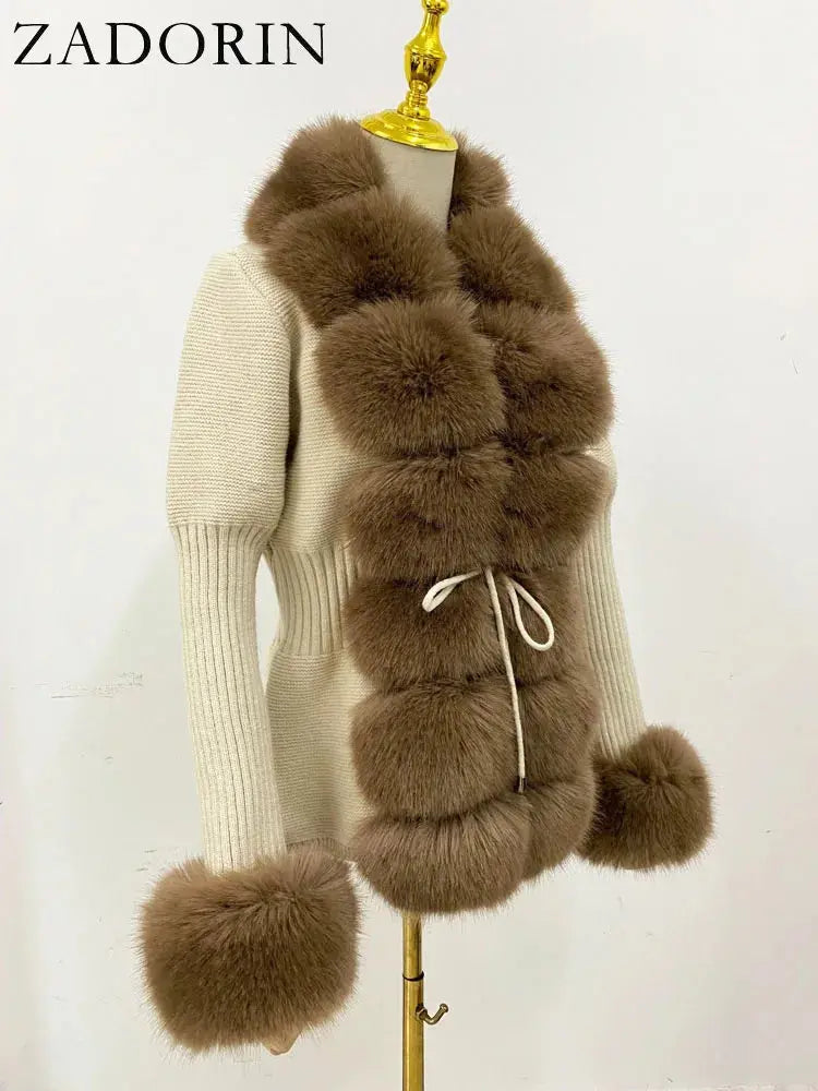 ZADORIN Fall Winter Women Faux Fur Coat Luxury Knitted Sweater Fur Cardigan Detachable Collar White Pink Jacket Faux Fur Coats ZITA LA BELLE ÉLITE