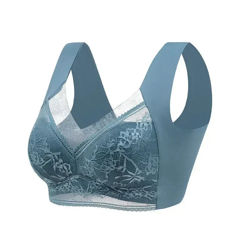 Femstylo women's large push-up ice silk seamless lace wireless bralette, plus size summer lingerie top with lace details.