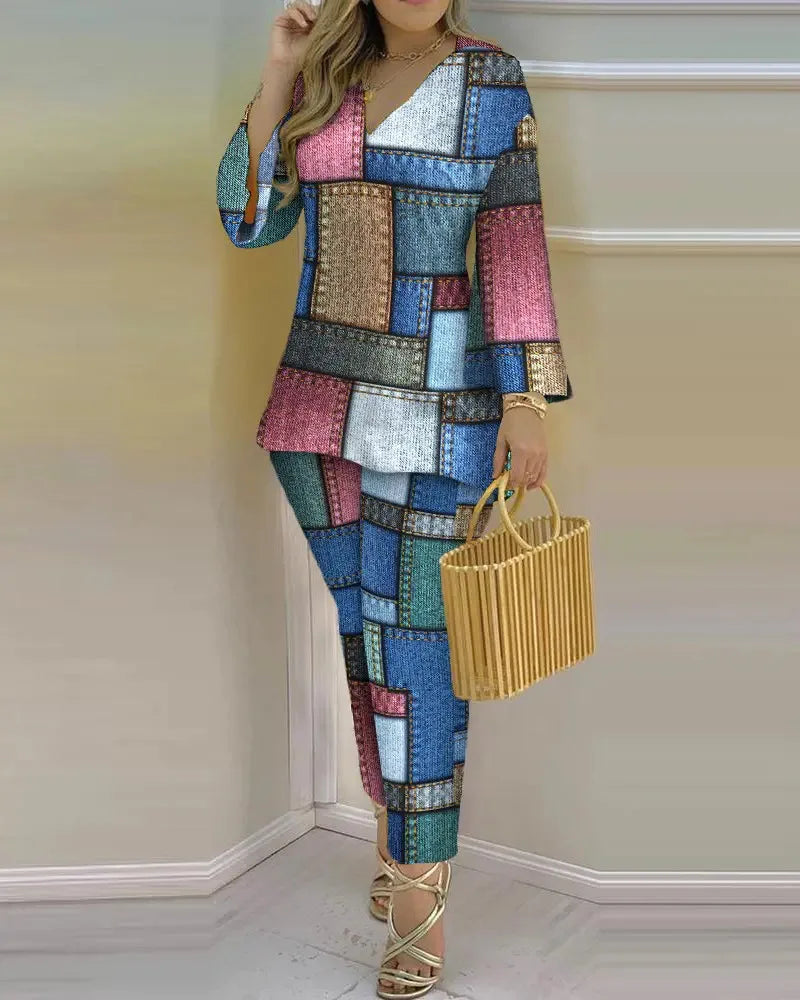 Women’s long sleeve V-neck two-piece set with printed polyester fabric, featuring a stylish and comfortable design.