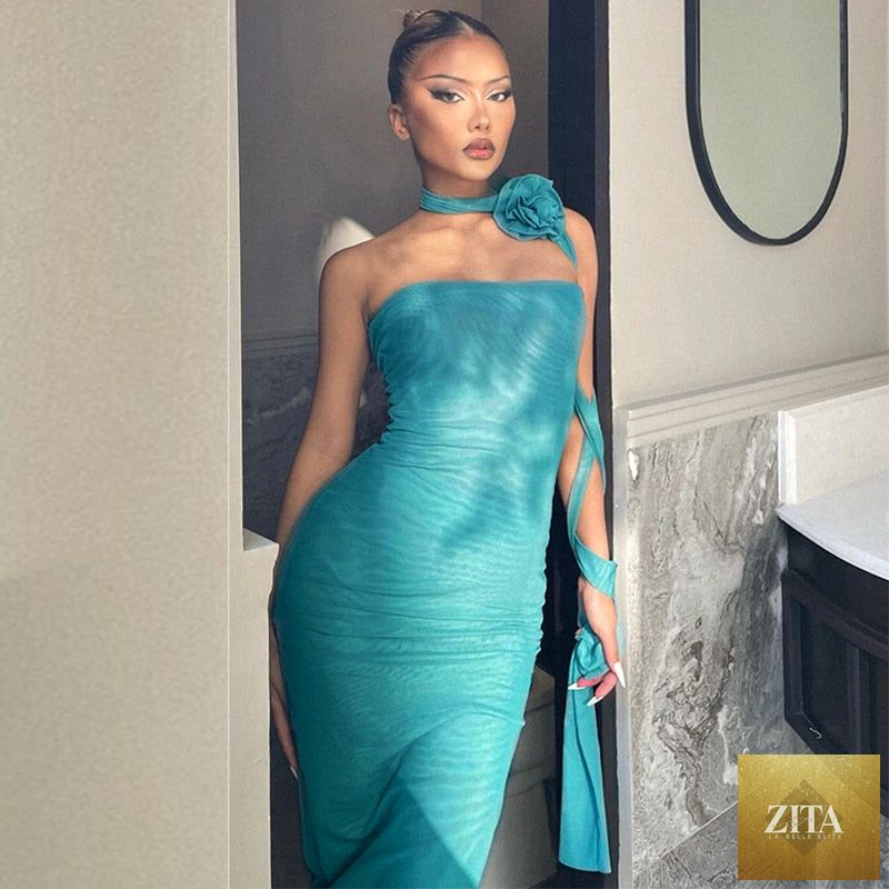 Mesh Flower Scarf Strapless Solid Elegant Sexy Bodycon Midi Prom Dress