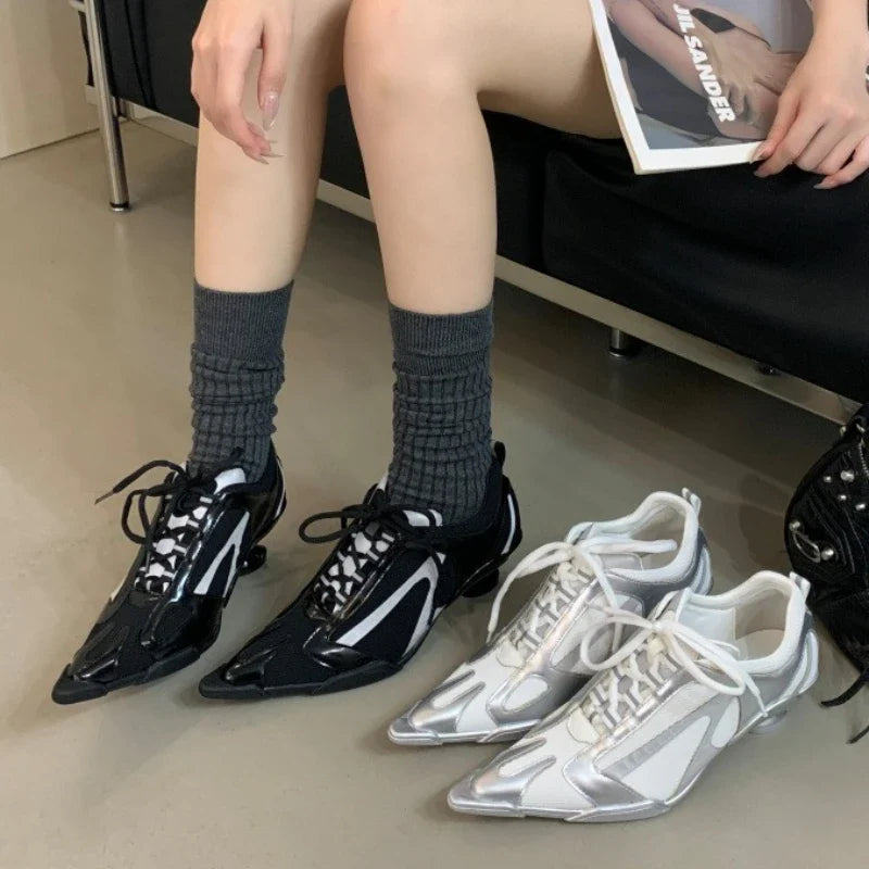 Silver lace-up women's sports heels with pointed toes, mesh design, and punk-inspired style, elegant and luxurious for fashionable women.