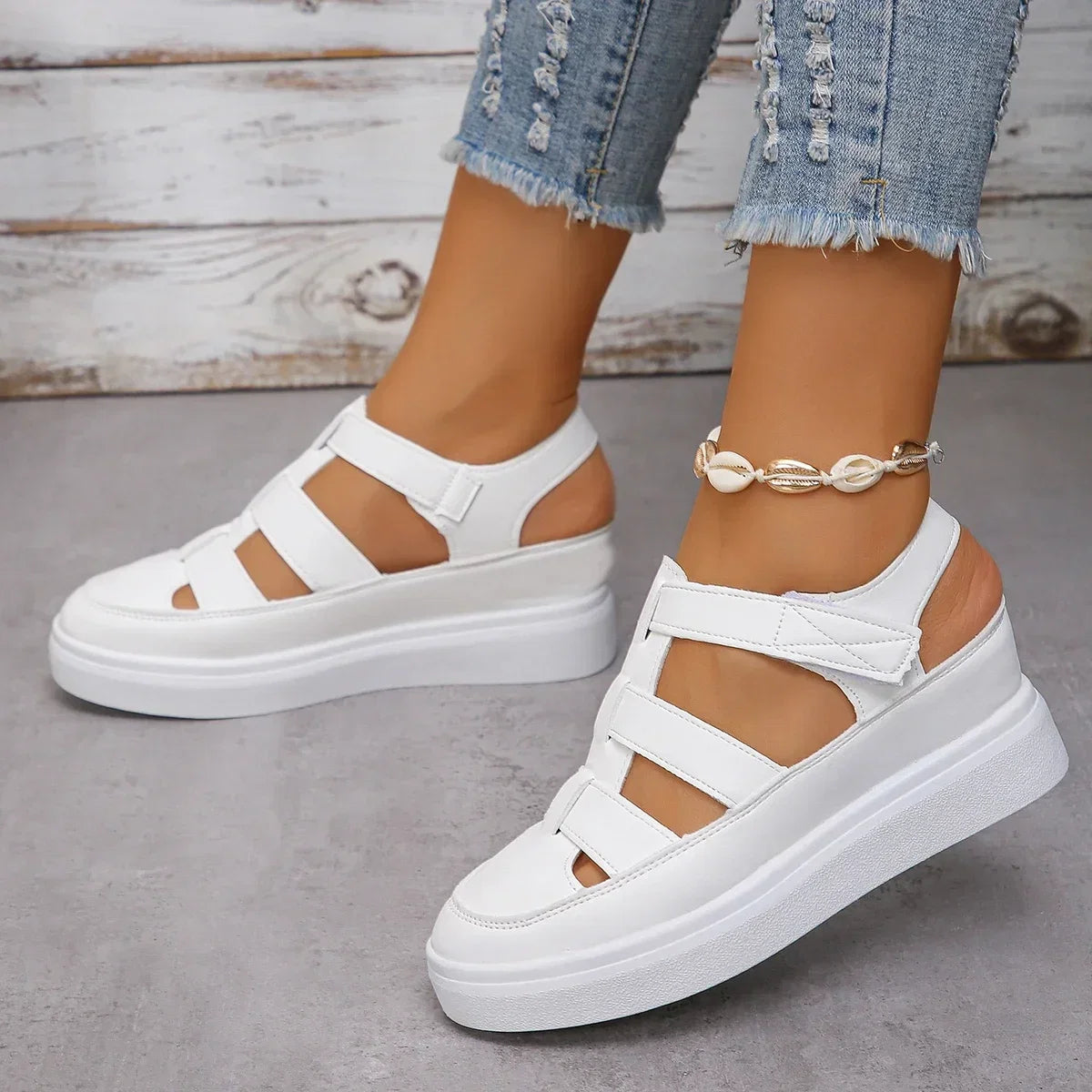 Women’s summer wedge sandals with hollow-out gladiator design, breathable thick sole, and platform heels for stylish comfort.
