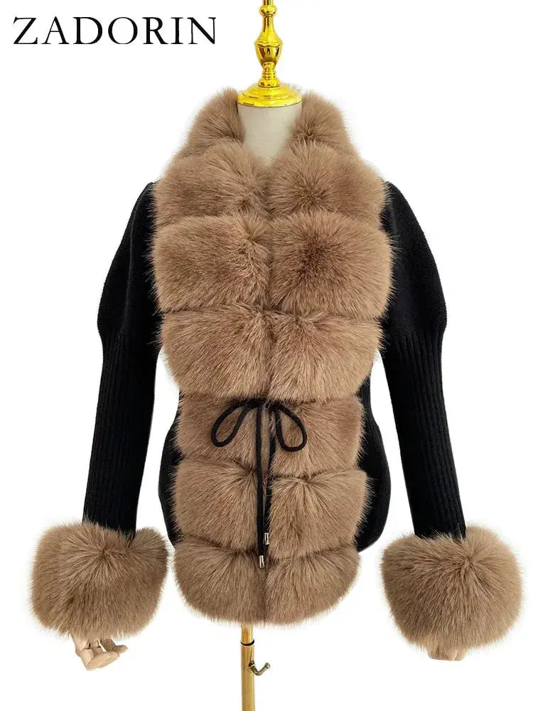 ZADORIN Fall Winter Women Faux Fur Coat Luxury Knitted Sweater Fur Cardigan Detachable Collar White Pink Jacket Faux Fur Coats ZITA LA BELLE ÉLITE