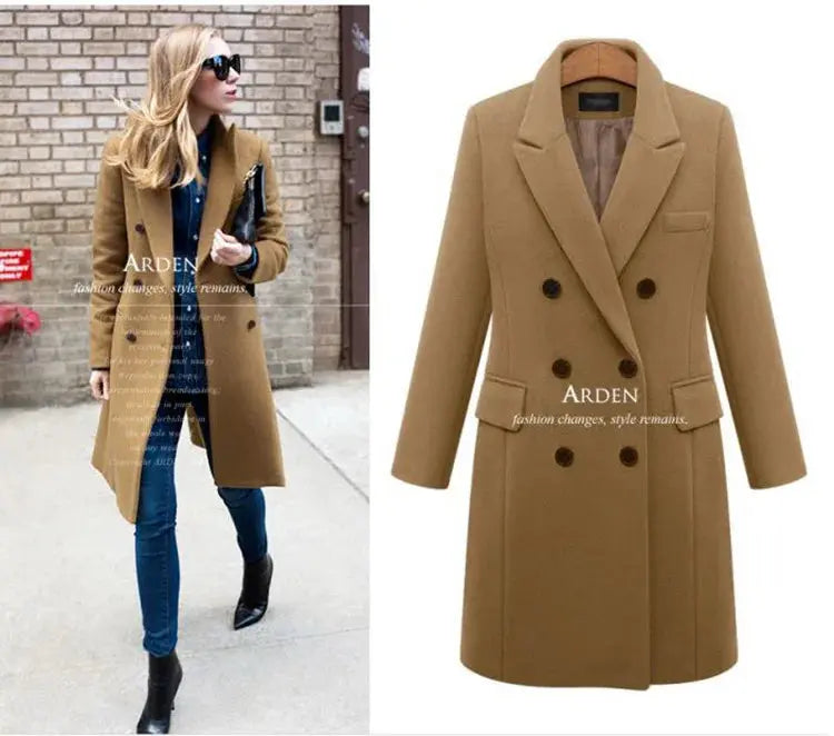 Mid-Length Woolen Women's Coat Double-Breasted Woolen Coats Trench Solid Color Autumn Winter Warm Outwear ZITA LA BELLE ÉLITE