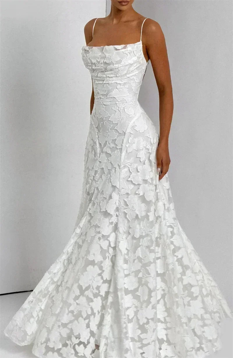 Femstylo spaghetti strap backless maxi dress with off-shoulder design, sleeveless lace-up style, perfect for evening or party wear.