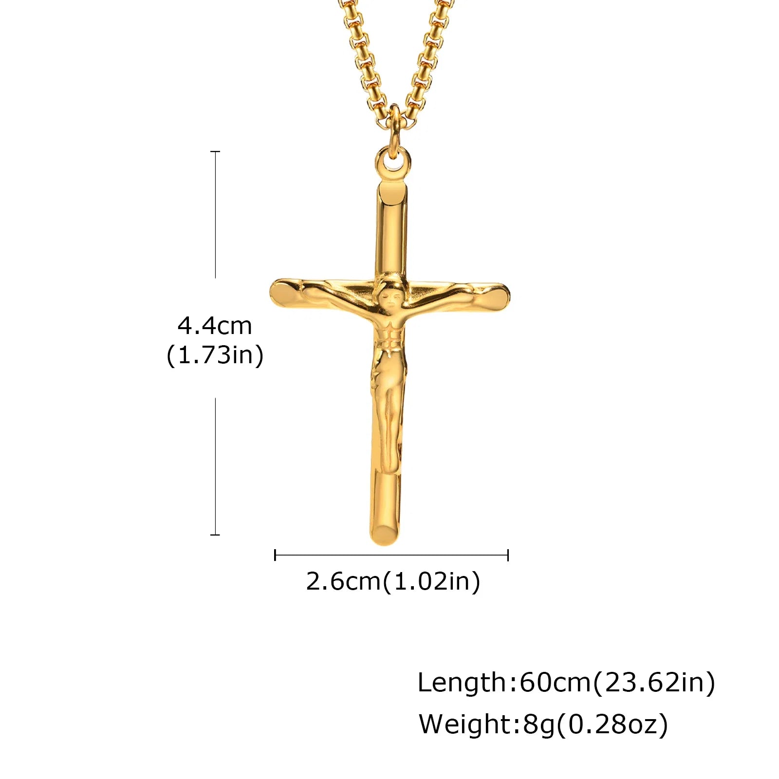 Stainless steel cross necklace with Jesus pendant in gold color, Catholic faith jewelry for men and women.