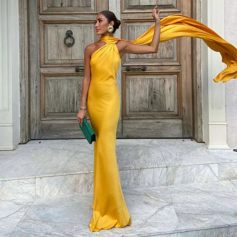 Femstylo backless lace-up maxi dress with ribbon straps, sleeveless evening gown, perfect for formal parties and events.