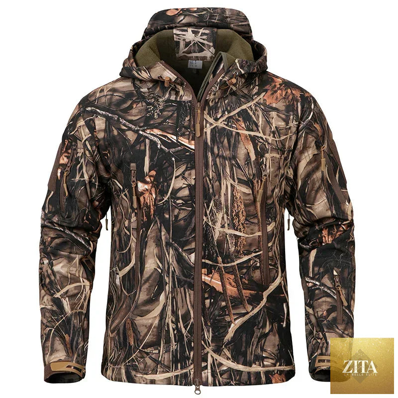 Men's Silent Soft Shell Camouflage Tactical Jacket Waterproof Warm Fleece Hunting Jackets Outdoor Hiking Fishing Hooded Coat