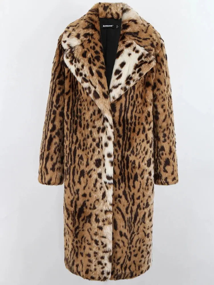 Nerazzurri Winter Long Loose Luxury Thick Warm Soft Fluffy Leopard Print Faux Fur Coat Women Lapel Runway European Fashion 2022 ZITA LA BELLE ÉLITE