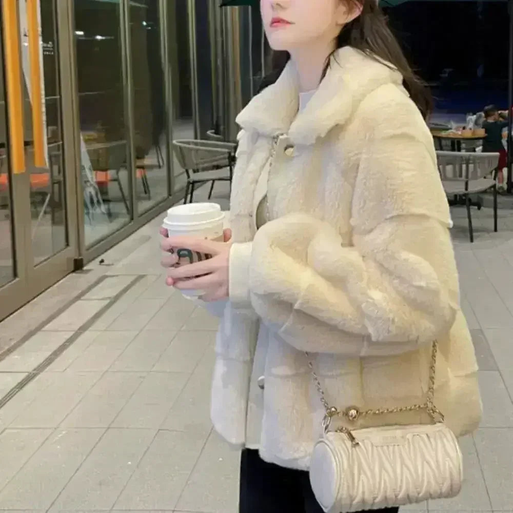 White faux fur jacket with vegan leather trimmed cuffs, size S to XXL, stylish and cozy outerwear by Femstylo.